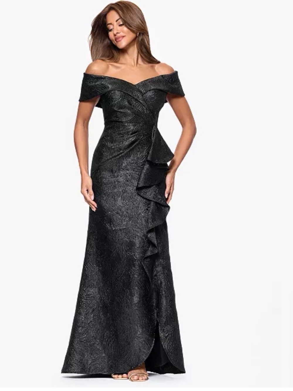 Xscape Black Off-Shoulder Textured Ruffle Gown